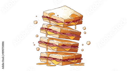 Stacked gourmet sandwiches with ham, cheese, and sweet golden drizzle, an artistic food representation