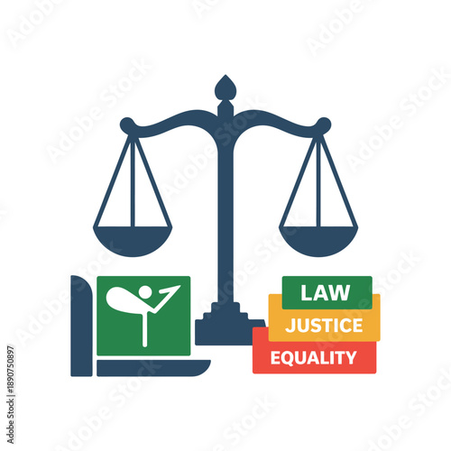 A graphic representation of law, justice, and equality with a scale and books.