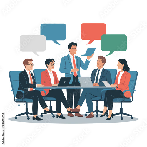 A group of business professionals engaged in a meeting with speech bubbles above their heads, symbolizing communication and discussion.
