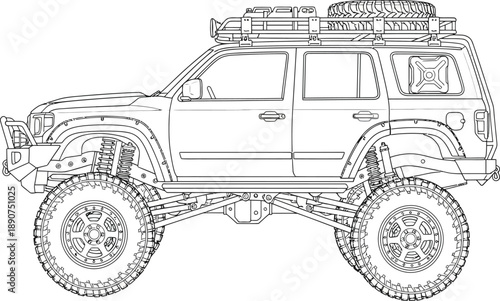 Side profile line drawing of a custom lifted offroad SUV with oversized tires and expedition roof rack.