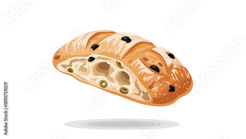 Delicious artisan olive bread vector illustration showcasing a fresh baked loaf with green and black olives