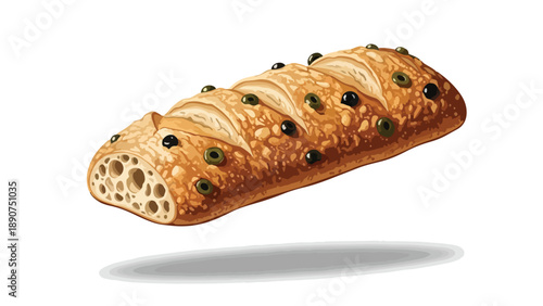 Artisanal crusty olive bread loaf illustration for culinary projects and bakery designs