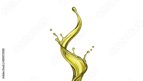 Dynamic golden fluid splash, twisting gracefully with energetic droplets, against a pristine white background