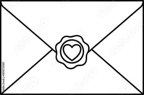 Simple black line art of a closed envelope sealed with a romantic heartshaped wax stamp.