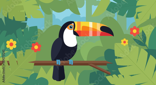 Colorful Toucan Illustration Perched on a Branch in a Lush Jungle Setting with Vibrant Flowers