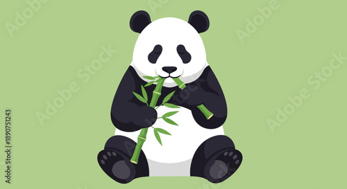 Cute panda bear eating bamboo vector illustration on a soft green background creating a peaceful