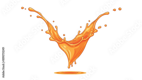 Dynamic burst of vibrant orange liquid essence, elegantly arcing with individual droplets, creating a refreshing sensation on a pristine white