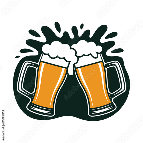 Two glasses of beer clinking together in a celebratory toast with foam and splashes