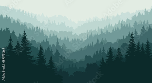 Enchanting forested landscape with misty mountains and coniferous trees gradient backdrop