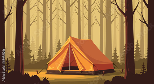 Tranquil camping scene with tent nestled in a dense forest during a peaceful day