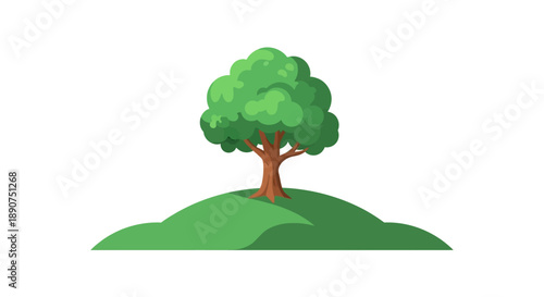Isolated cartoon tree illustration on a hill providing serene and peaceful scenery ideal for