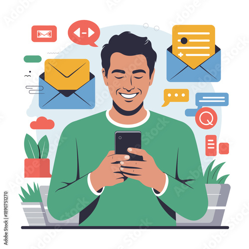 A smiling man in a green shirt happily using his smartphone with various communication icons surrounding him.