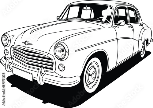 Stylized black and white line art illustration of a classic vintage sedan with a chrome grille and a prominent shadow.