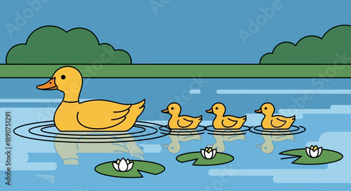 Duck family swimming in a pond illustration featuring nature and wildlife with a ducklings
