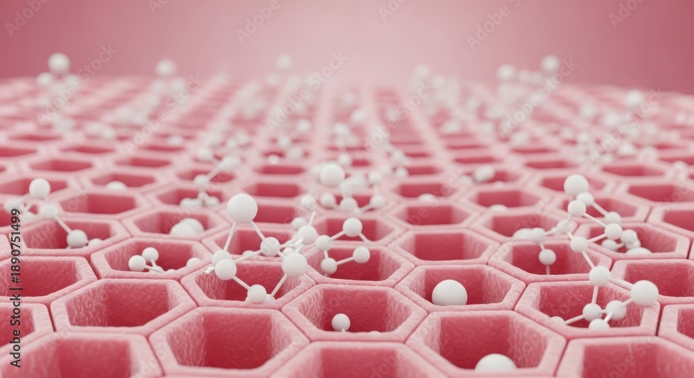 Obraz premium Molecular Structure with White Particles on Pink Hexagonal Grid, 3D Rendering