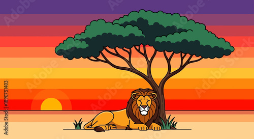 Cartoon Lion resting under a tree at Sunset in African Savannah Illustration scene