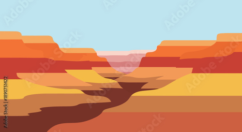 Stylized grand canyon vista with warm color palette and clear blue skies providing a graphic