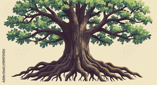 Majestic old tree with sprawling branches and roots artwork nature illustration concept