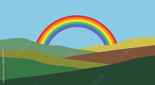 Vibrant rainbow arches over rolling hills in a cheerful nature illustration
