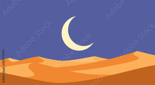 Serene night desert landscape featuring a crescent moon over rolling sand dunes under blue skies