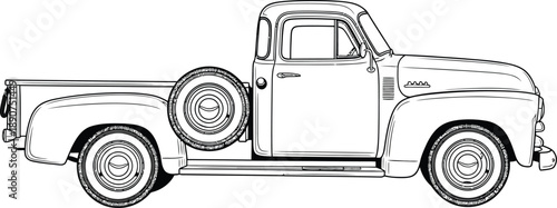Vintage 1950s pickup truck side profile line art with a sidemounted spare and whitewall tires.