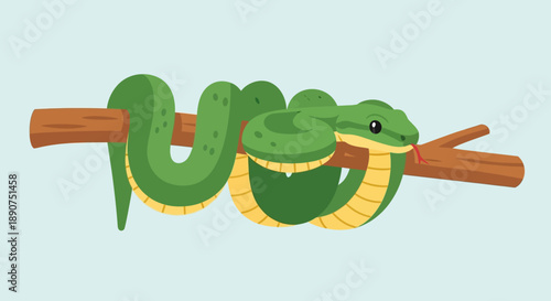 Cartoon illustration of a bright green snake coiled around a brown tree branch