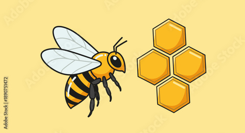 Cartoon bee with honeycomb on a soft yellow backdrop perfect for illustrations or educational