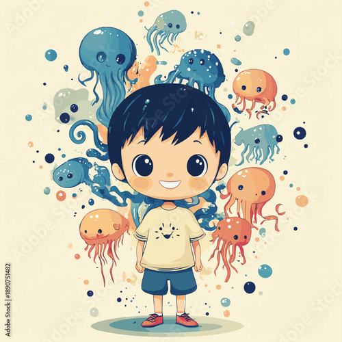 Playful Cartoon Character with Floating Creatures , vector style simple color