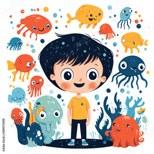 Playful Cartoon Character with Floating Creatures , vector style simple color