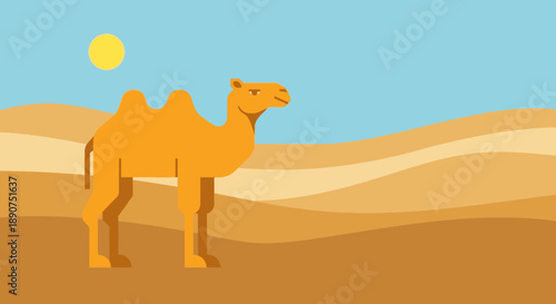 Stylized illustration of a camel standing in a desert landscape under a bright sun