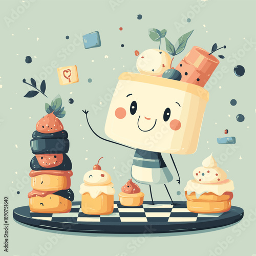 Whimsical Cartoon Character Playing Chess with Colorful Pastries , vector style simple color