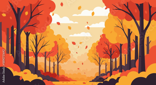 Autumnal forest scenery with falling leaves in warm orange and yellow tones illustration