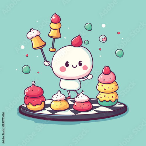 Whimsical Cartoon Character Playing Chess with Colorful Pastries , vector style simple color