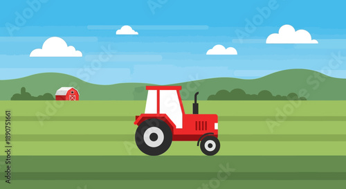 Cartoon tractor on a farm landscape, perfect for children's book illustration and agriculture