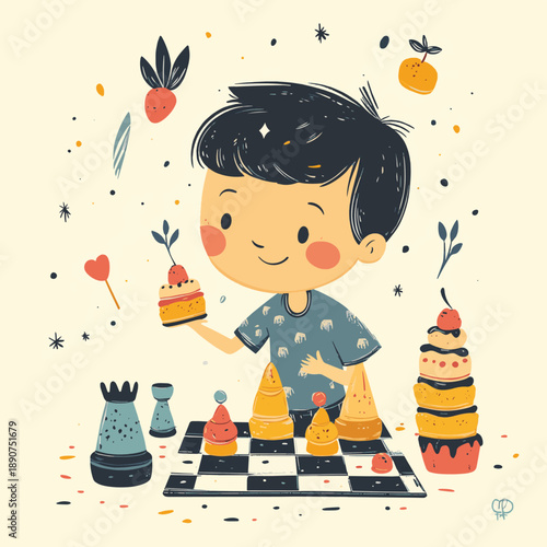 Whimsical Cartoon Character Playing Chess with Colorful Pastries , vector style simple color