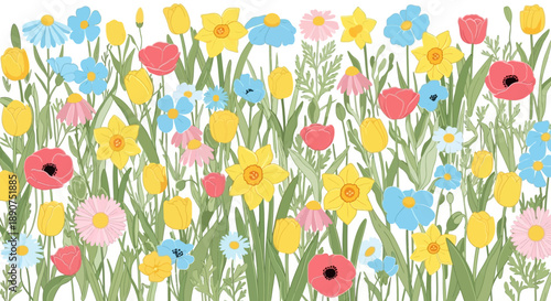 Vibrant Spring Meadow: A Colorful Illustration of Diverse Flowers in Full Bloom