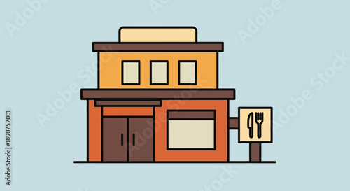 Illustration of a colorful restaurant building with signage for catering services available