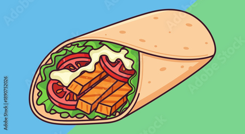 Cartoon illustration featuring a delicious wrap with fresh vegetables and protein filling