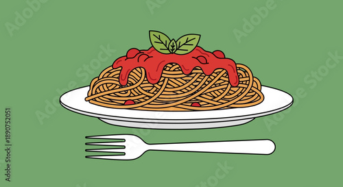 Illustration of a delicious spaghetti with tomato sauce and basil on green background