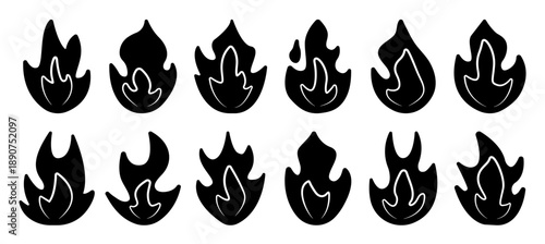 Black fire and flame icon set, monochrome vector signs. Bonfire cliparts in various shapes, minimalistic linear doodles, decorative pictograms