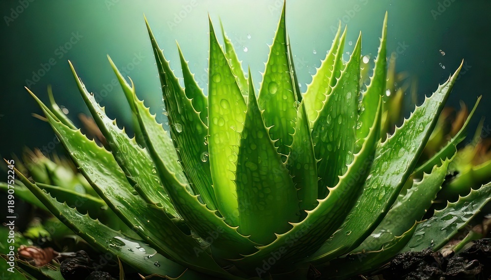 Fototapeta premium Close-up of a vibrant green aloe vera plant with water droplets on its leaves.