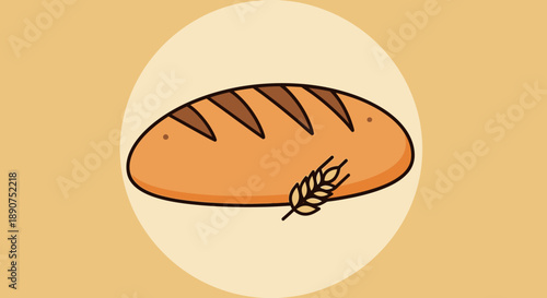 Cartoon style loaf of bread with wheat graphic on a cream colored background illustration