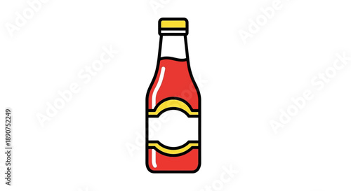 Cartoon illustration of a stylized tomato ketchup bottle with clean lines and vibrant colors