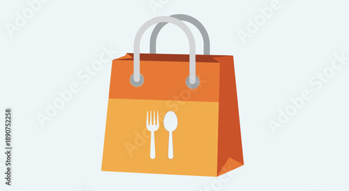 Graphic illustration of a delivery bag with a fork and spoon symbolizing restaurant takeout and
