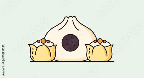Vector Illustration of Chinese Food: Bao Bun and Siu Mai Dumplings with Delicate Lines