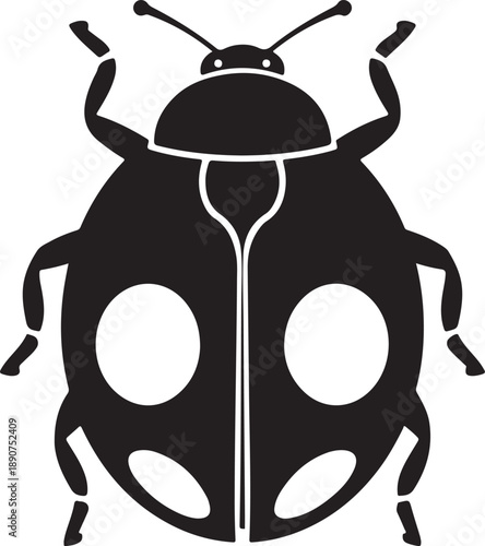 Black-and-white silhouette of a ladybug, showcasing two antennae, six legs, and distinctive spots on its wings, conveying simplicity and elegance.