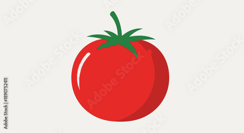 Illustration of a fresh red tomato with green stem and leaves on a white backdrop