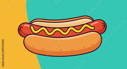 Cartoon illustration of a delicious hot dog with mustard on a colorful background