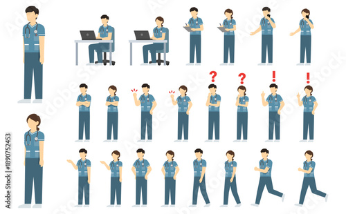 フラットイラスト：男女の看護師セット(緑の制服)