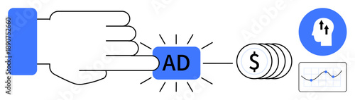 Advertising concept. Advertising by a hand clicking an ad button with money, analytics, and growth icons. Advertising driving revenue and business insights. For marketing, digital media, analytics